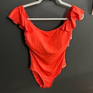 Vince Camuto Ruffle Off The Shoulder OnePiece Swimsuit Sz 6 NWT Bright CoralRed